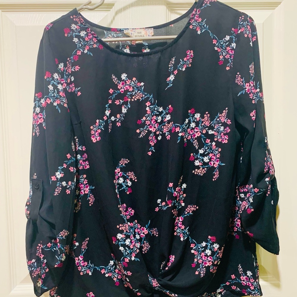 Pink Republic Black Floral Front knot Top